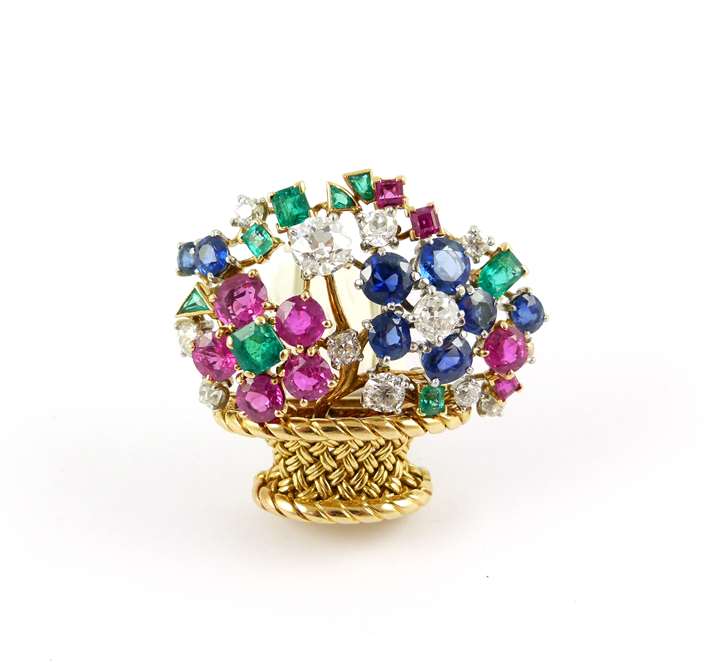 Ruby, emerald, sapphire and diamond basket of flowers brooch